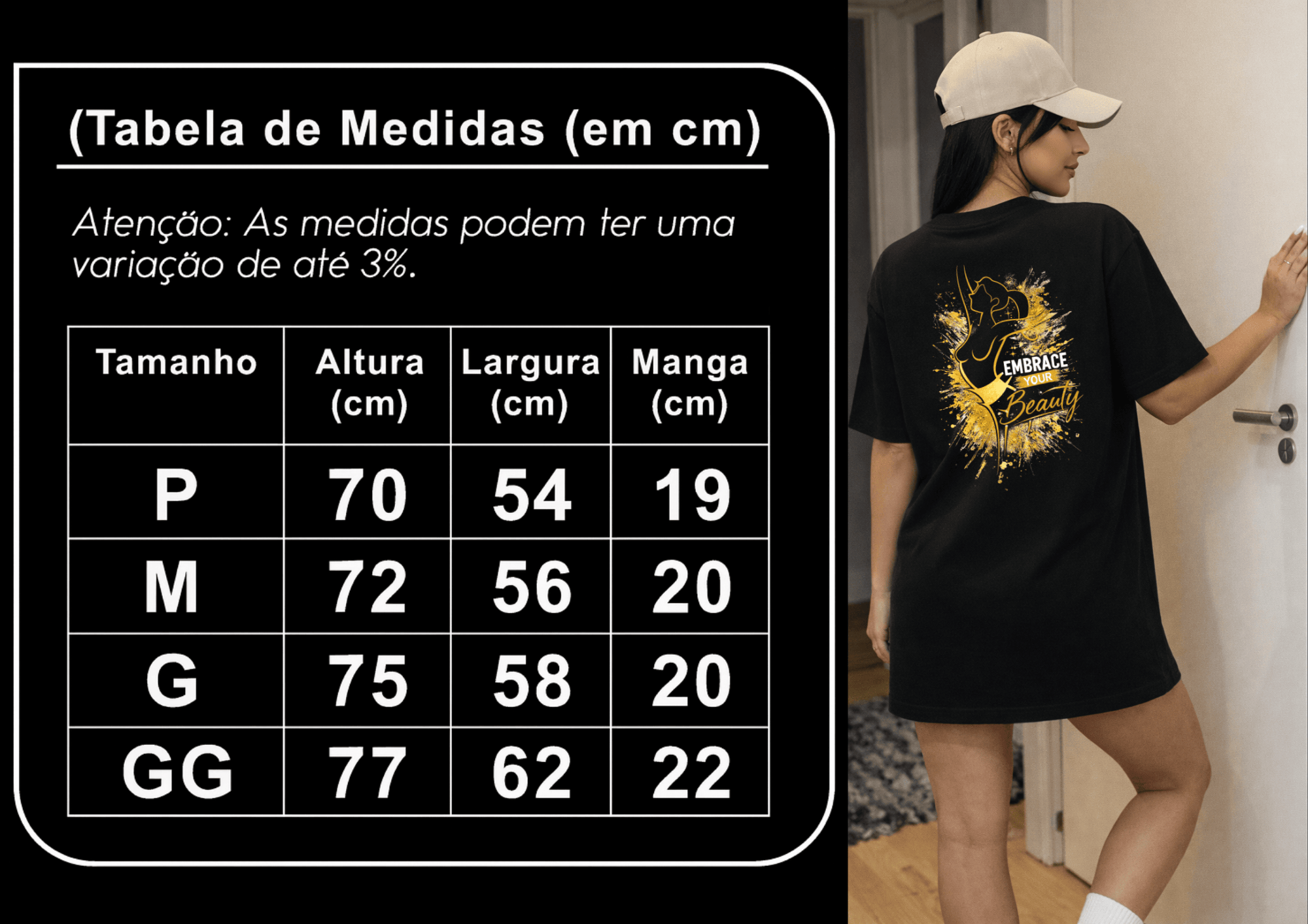 Camiseta Oversized Fitness Glamour Embrace Your Beauty – Estampa Dourada