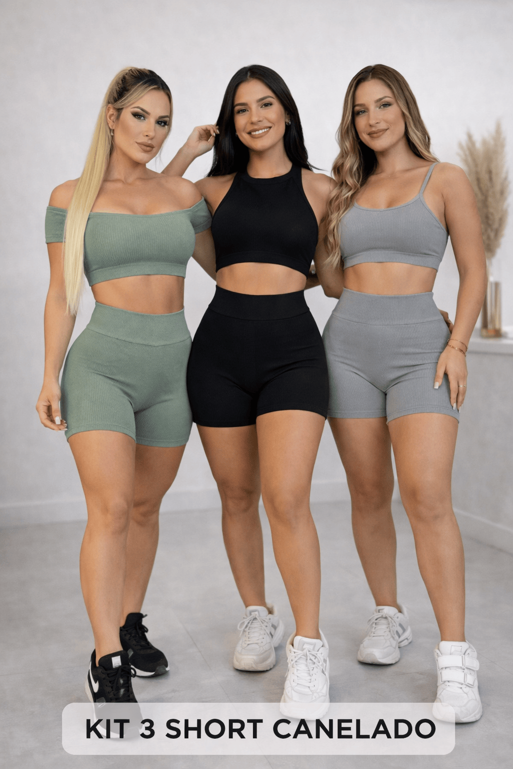 Kit 3 Shorts Femininos Canelados Fitness | Verde, Cinza e Preto